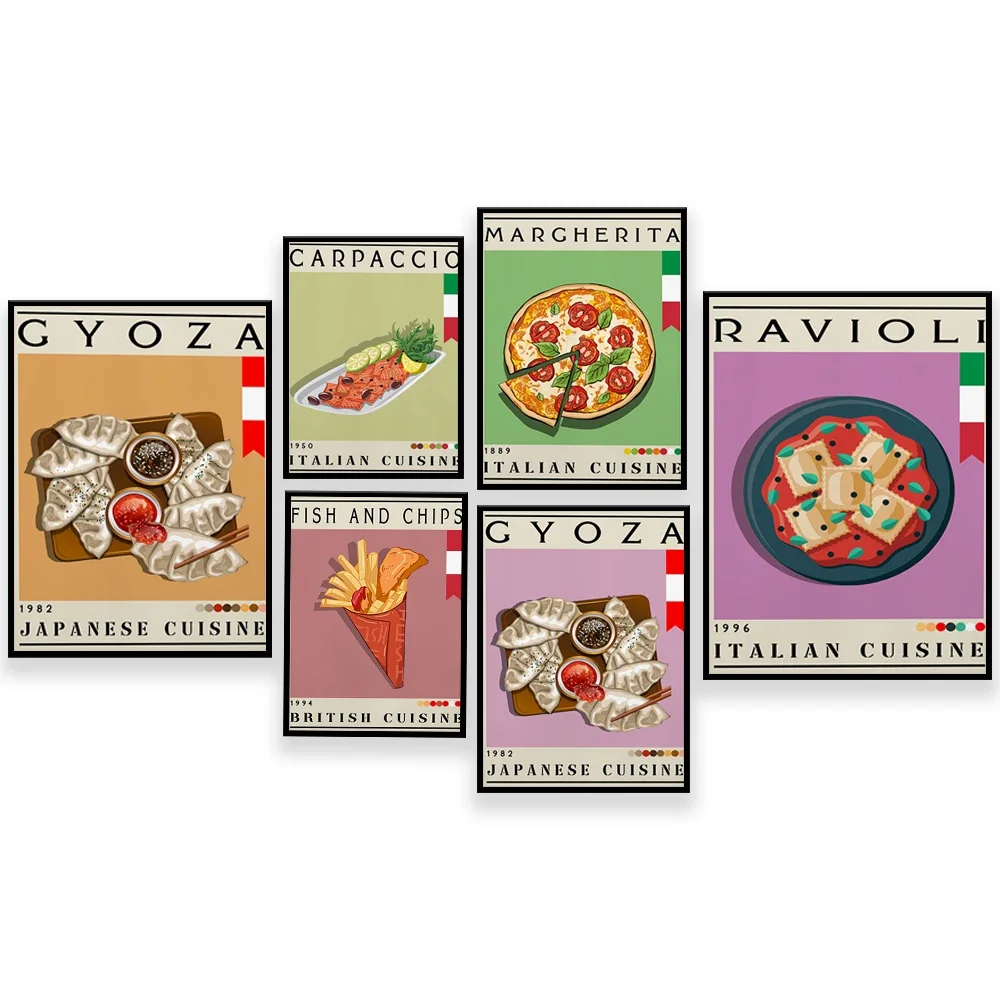 

Fish and Chips UK, Ravioli, Carpaccio Italy, Club Sandwich USA, Japanese Dumplings Food Print Poster, Kitchen Decor