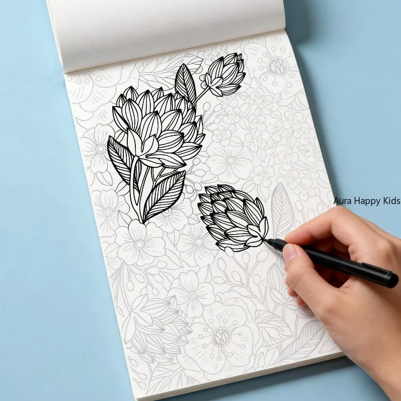 24 Page Adult Themed Coloring and Tracing Book, Featuring Symmetrical Flower Leaves, Mandalas, Space, Flowers, and Other Themes