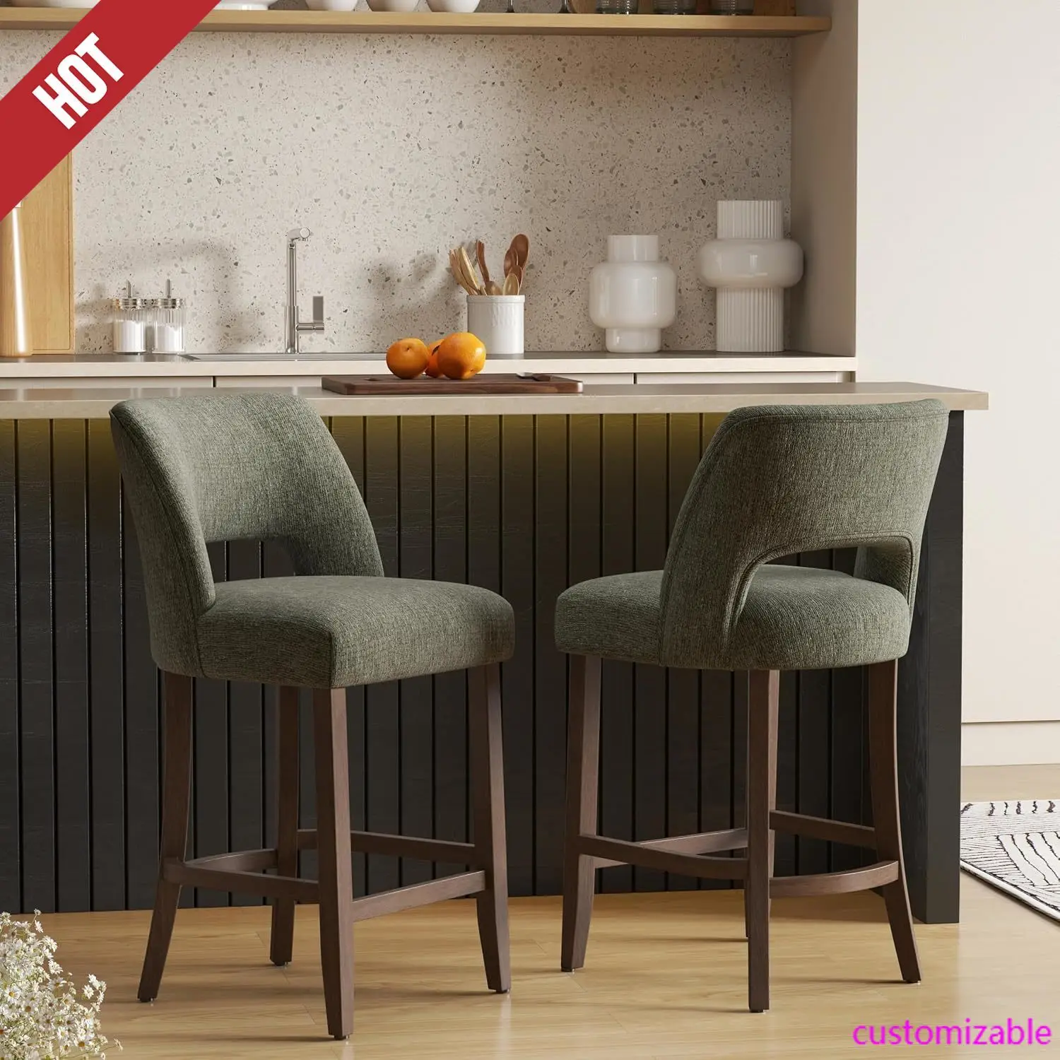 Bar Stools Set of2,Upholstered Counter Height Bar Stools,Modern Counter Stools with Wood Legs for Kitchen Island Dining Room Bar