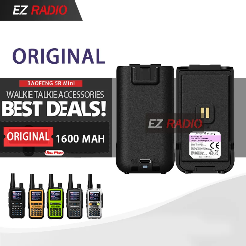 UV-5R Mini batería BAOFENG Original verdadero 1600mAh 7,4 V Li-ion Walkie Talkie batería tipo C carga 5R Mini accesorio de Radio bidireccional