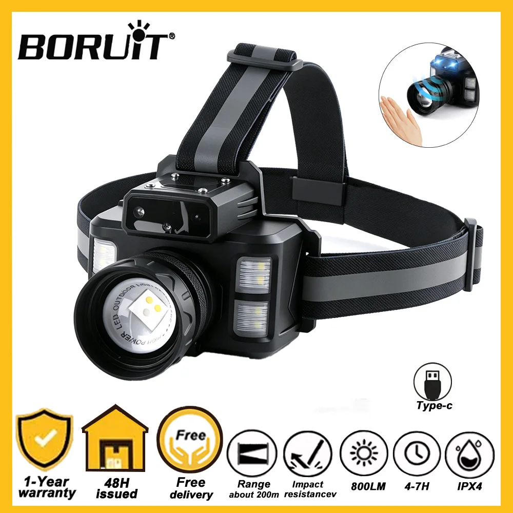 Налобный фонарь BORUiT 800LM с датчиком движения LED 90 °   Регулируемый по мощности USB-перезаряжаемый налобный фонарь для кемпинга с 3 источниками света