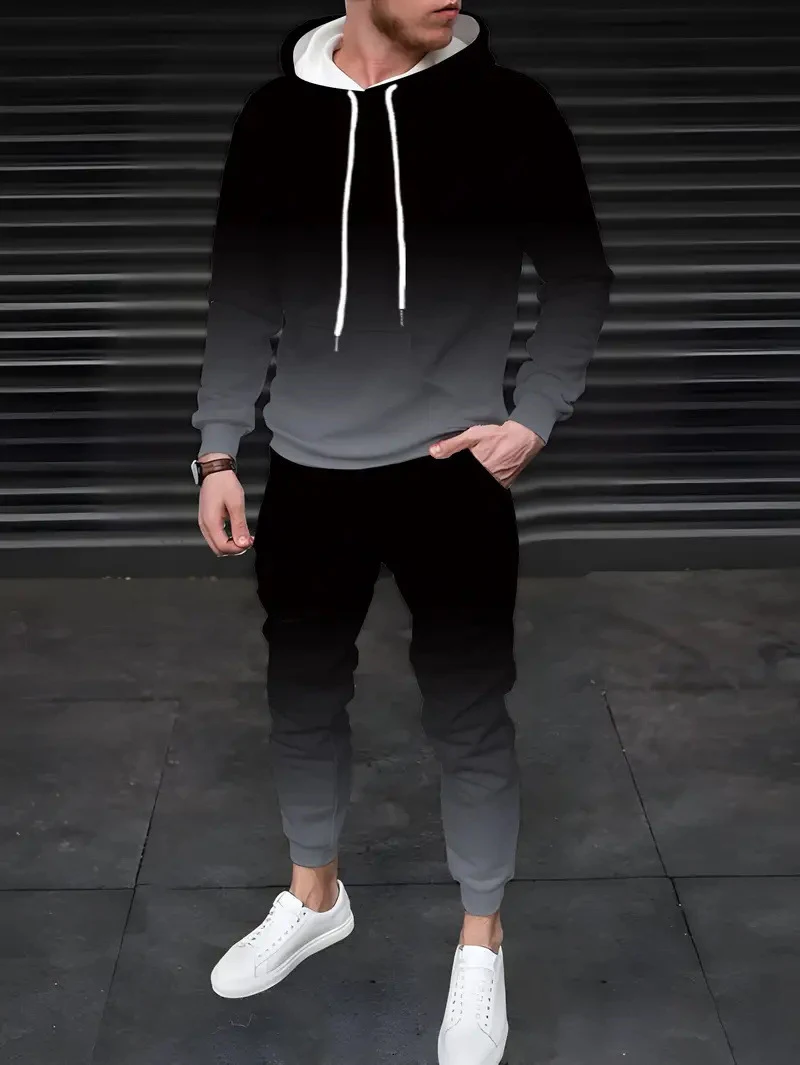 Traje con capucha con estampado 3D de Color degradado para hombre, sudaderas con capucha, pantalones de chándal, conjunto de chándal de dos piezas a la moda informal, ropa para hombre