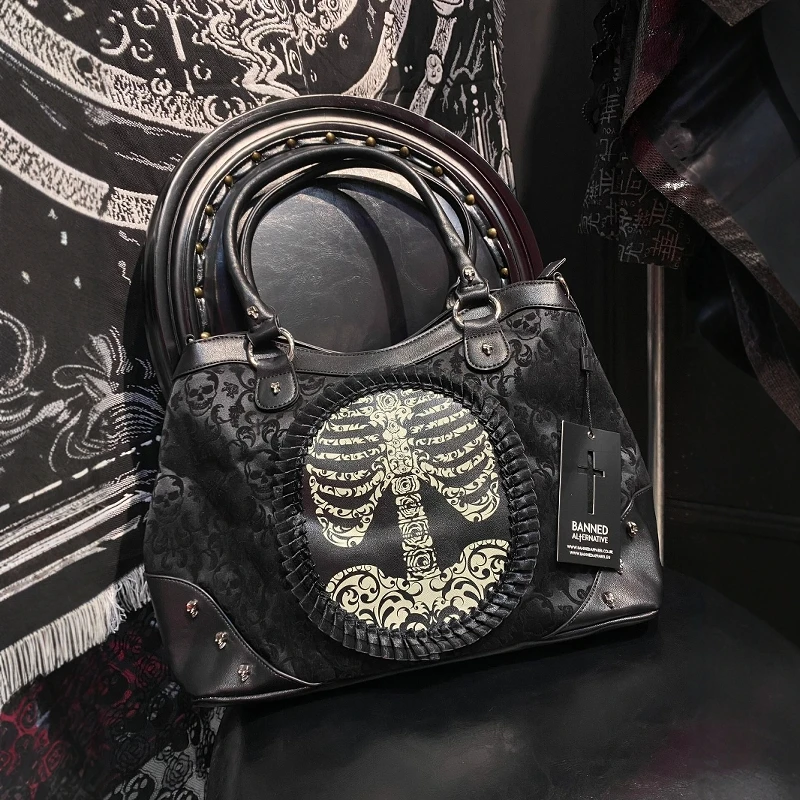 

Gothic Lolita Skeleton k Banned Stereoman Handbag oulder Bag Tote Bag Crossbody Bag Soft Leather Skull Pattern Bag