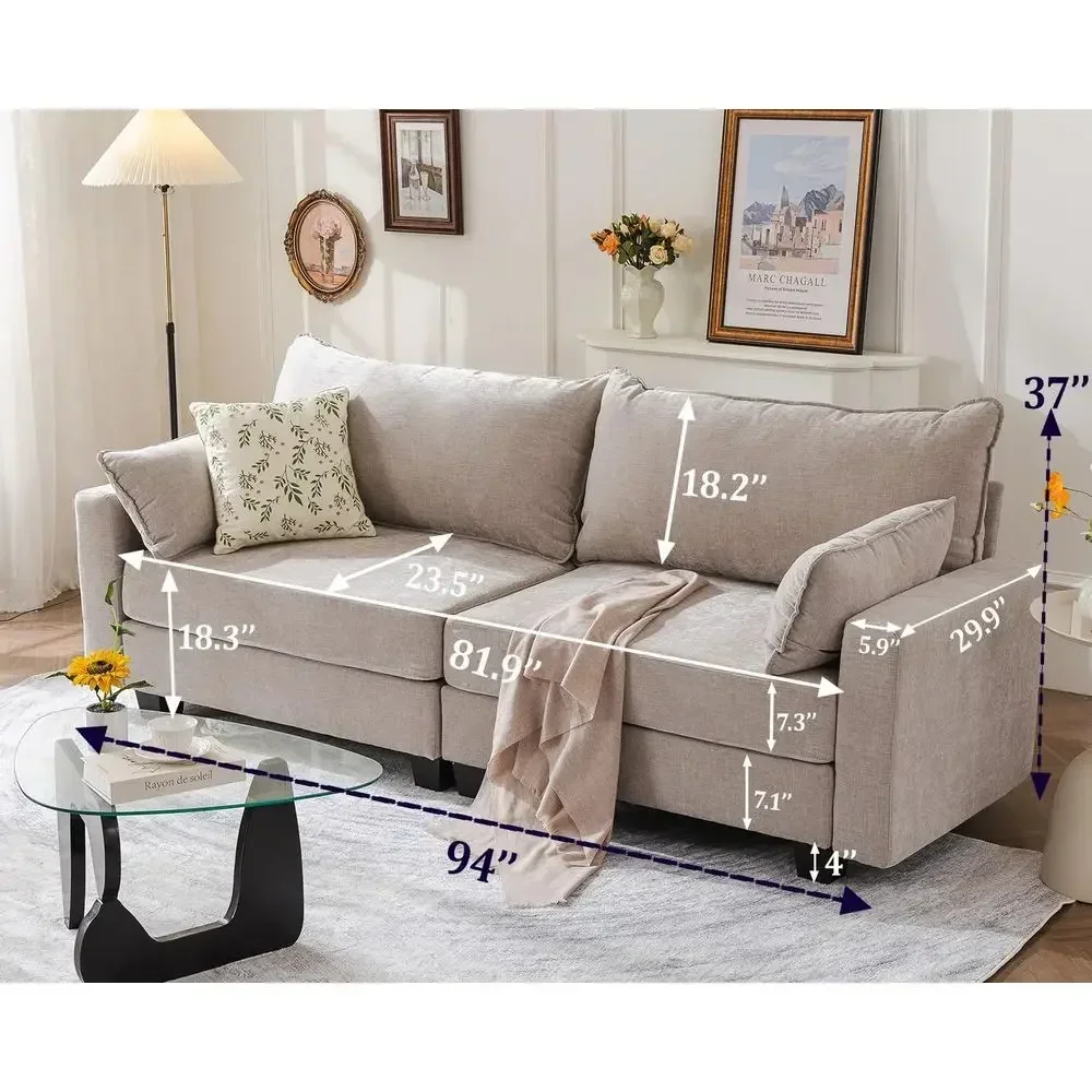 94 Sectional Sofa with Storage, Oversized 3-Seat Couches, Plush Loveseat, Bedroom or Living Room, Chenille Fabric, Khaki Color