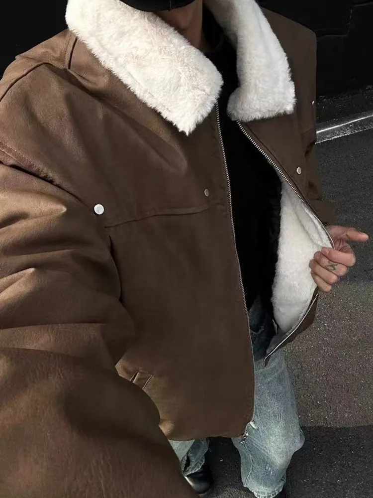 Thick Faux Lamb Patchwork Jacket Women Y2K American Loose Streetwear Lapel Motorcycle Coats Bf Winter Warm Leather Outerwear New