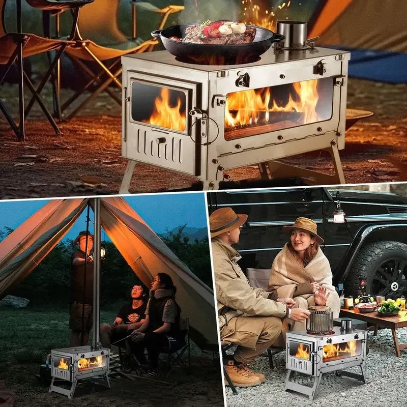 Camping Firewood Stove stainless steel Folding Portable Brazier Tent Wood Heater Furnace with Chimney Outdoor Ultralight Burner