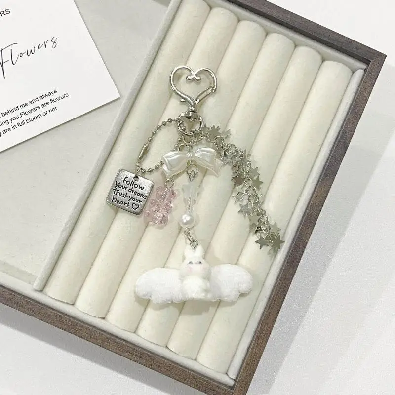 Niedlicher Engel-Häschen-Schlüsselanhänger, weicher Plüsch-Anhänger mit Schleife und Sternen-Charms, perfekt als tägliches Geschenk für Mädchen, Rucksack-Deko. – Detail 6