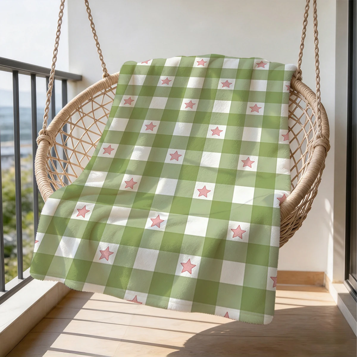 Green Gingham With Stars Flannel Blanket Warm Soft Halloween Christmas Couch Warm Cozy Decorative Decor Gift for All Season