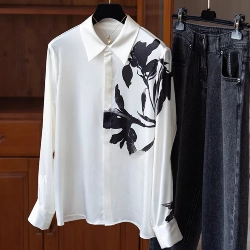 

Vintage Women's Blouses Printed Casual Shirts Fashion Loose Summer Korean Clothing Long Sleeved Satin Women Tops