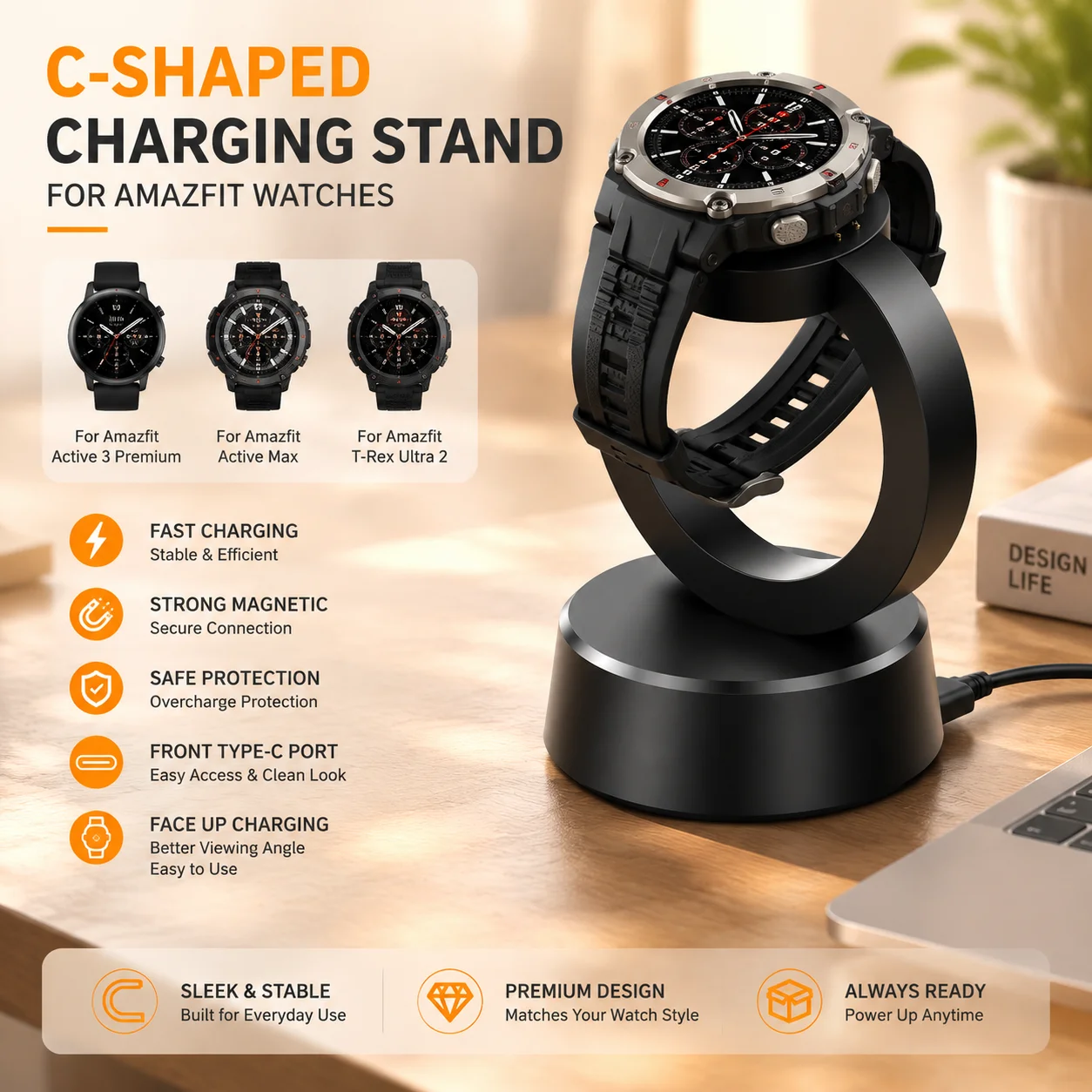 Stand Charger for Amazfit T-Rex 3 Pro/Balance 2/ Helio Strap Smartwatch Charging Dock Replacement with Cable Chip Protection
