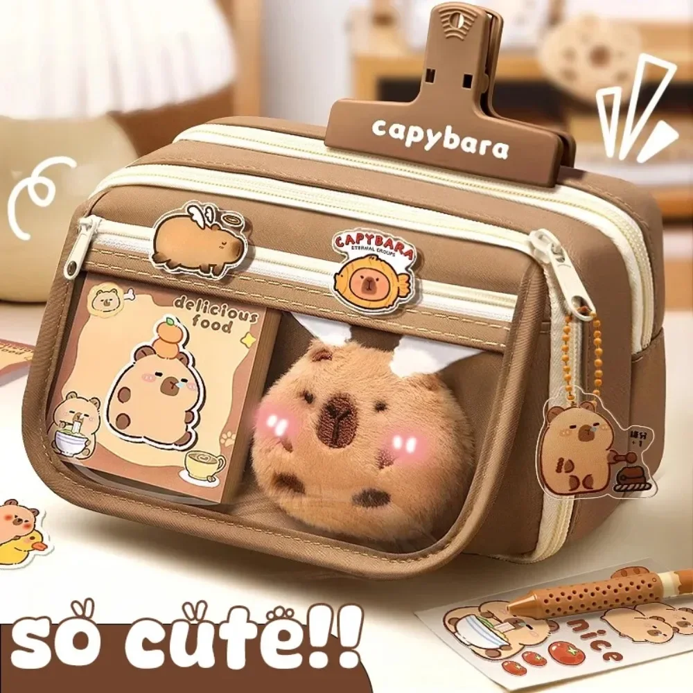 

Large Capacity Pencil Bag Capybara Cartoon Canvas Stationery Holder Bag With Brooches stickers clips keychains Children Pen Case