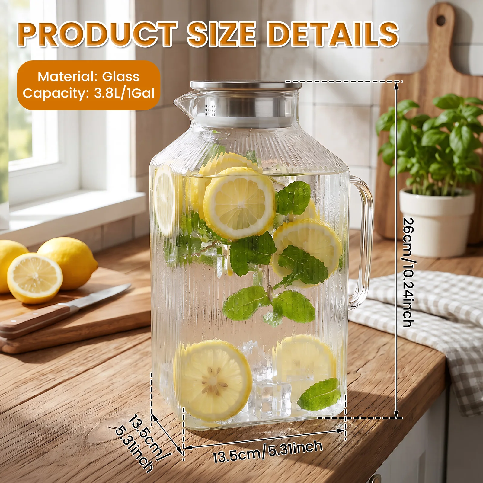 1 Gallon Square Glass Pitcher with Lid and Cleaning Brush Thickened Borosilicate Glass Carafe for Hot/Cold Drink for Iced Tea