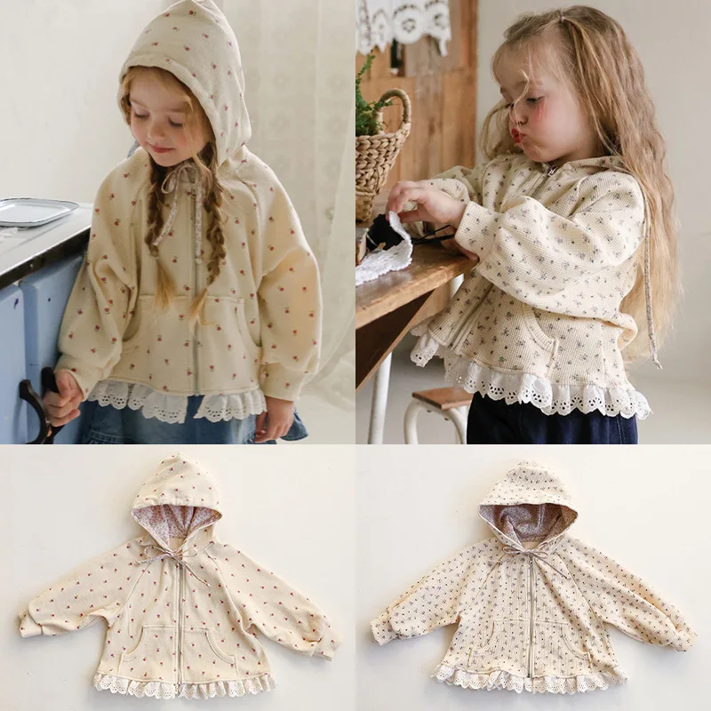 

2026 Spring Autumn New Korean Children Coat Girls Elegant Lace Floral Versatile Hooded Zipper Hoodie Jacket