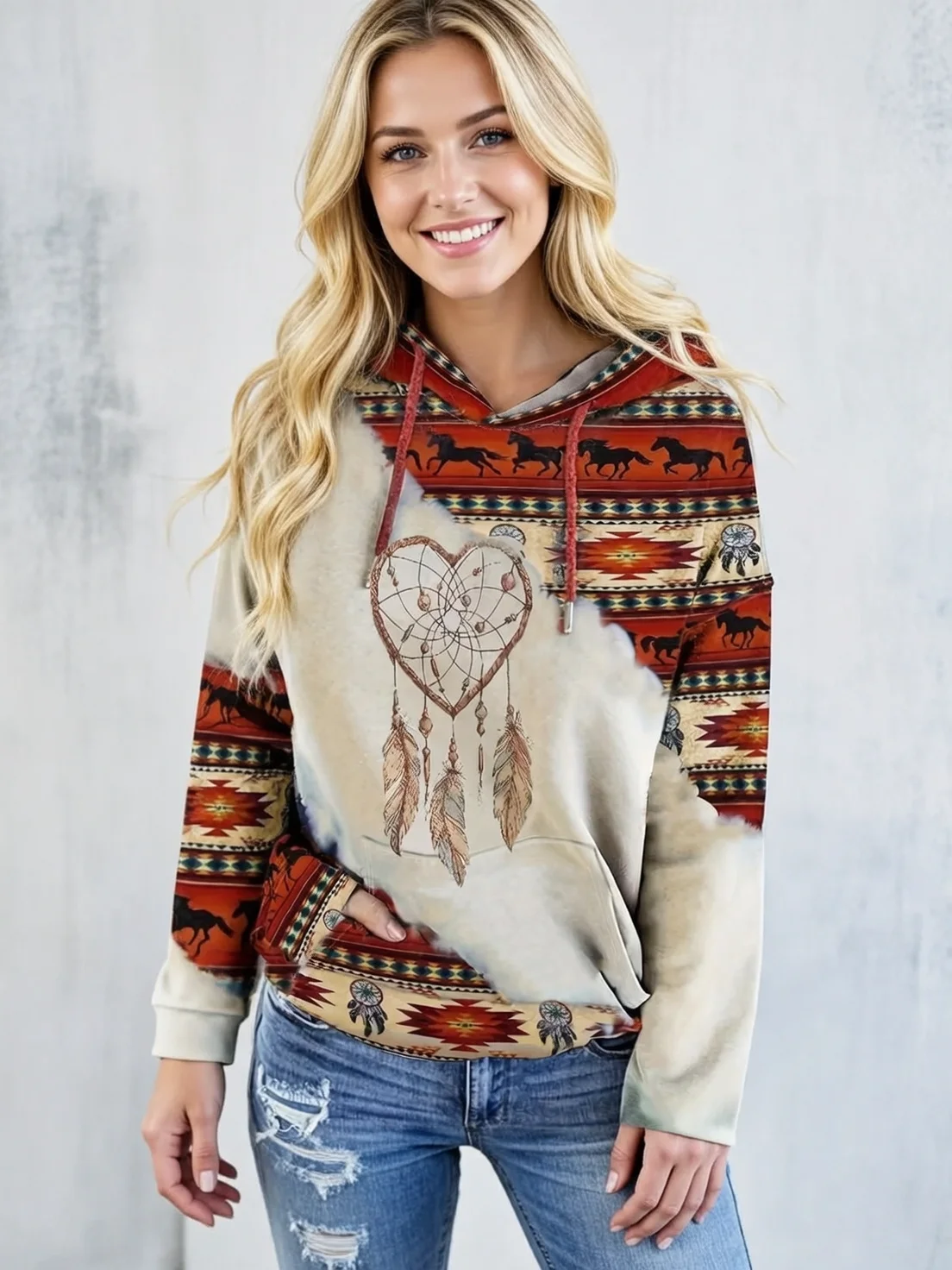 Women\'s casual fashion round neck pullover hoodie Western ethnic style retro print women\'s sweater hoodie