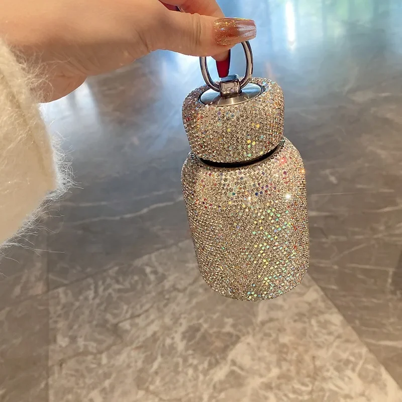 Luxury 2pcs Chain Thermos Bottle 300ml Stainless Steel Insulating Rhinestone Cup Water Bottle Portable Travel Vacuum Flasks Gift
