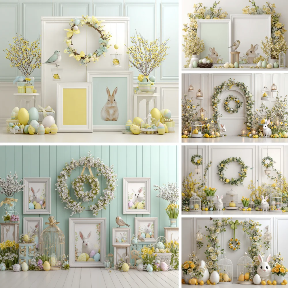 

Spring Easter Photography Background Cute Bunny Egg Arch Door Kid Birthday Party Cake Smash Portrait Decor Backdrop Photo Studio
