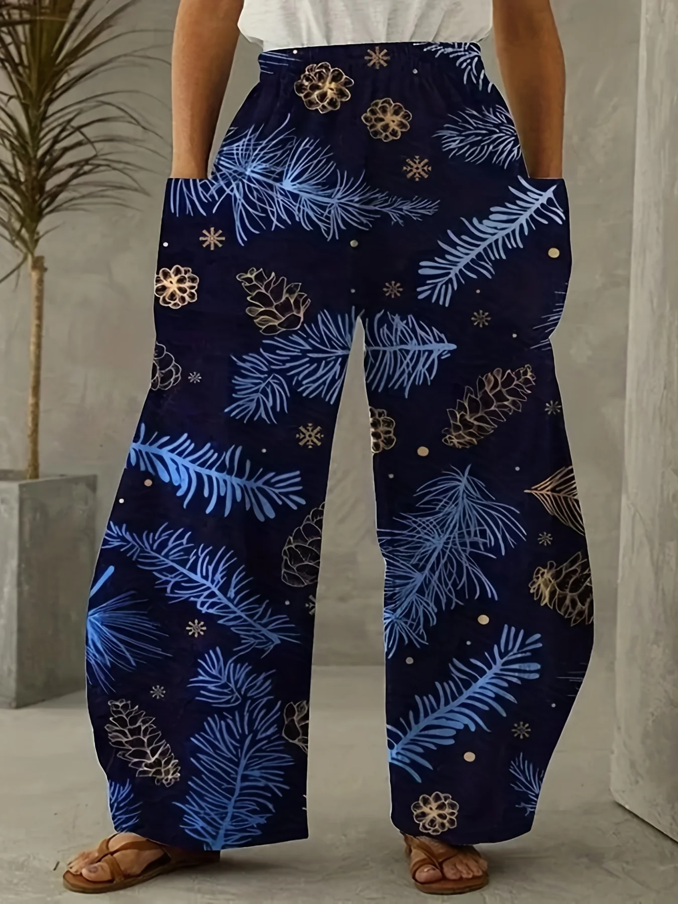 Calça padrão de Natal feminina, bolso duplo impresso em 3D, calça casual de perna larga, moda feminina, roupas tamanho grande