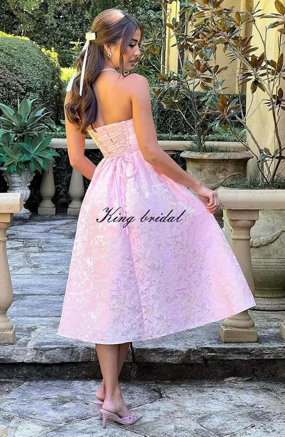 A Line Strapless Midi Corset Formal Evening Party Gown Bridesmaid Dress Floral Jacquard Satin Tea Length Prom Dresses for Women