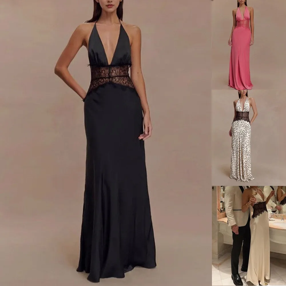 Satin Halter Neck Dress Cut Out Long High Waist Backless Dresses Deep V Neck Maxi Dress Cream Satin Floor Length Evening Dress