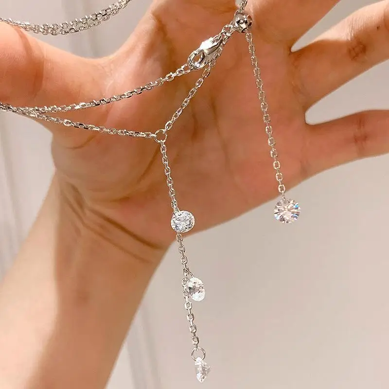 new in sparkling exquisite micro inlaid circular gemstone tassel collar chain silver 925 minimalist chain necklace party jewelry