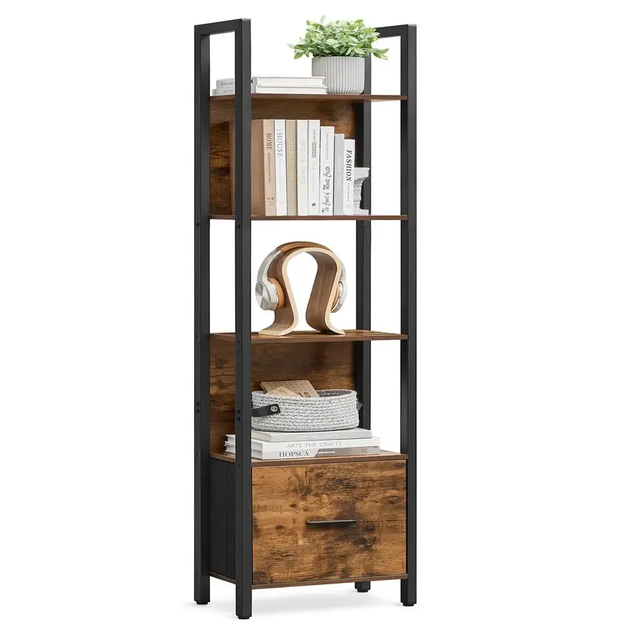

5Tier Bookshelf, Book Shelf with Drawer, Industrial Bookcase, with Steel Frame, for Living Room, Home Office, Bedroom, 9.4 x 15