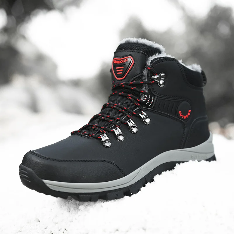 Men's Winter Boots With Fur Warm Snow Non-slip Men Work Casual Shoes Waterproof Leather Sneakers High Top Ankle Boots Plus Size 