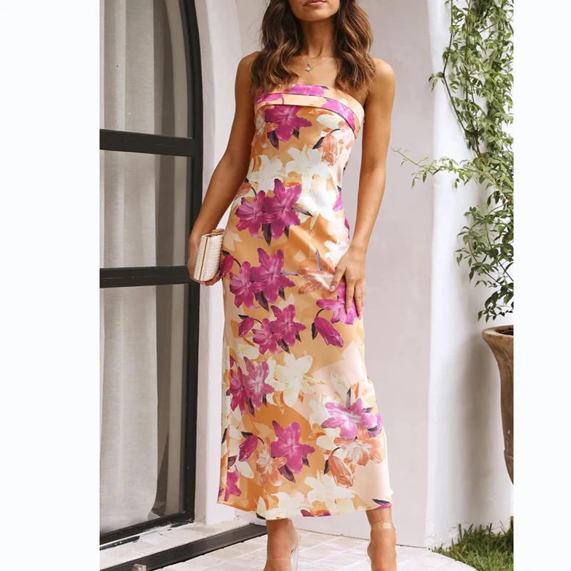 

YEMOGGY Elegant Skinny Sexy Sleeveless Backless Maxi Dress for Women Summer Dresses 2022 New Strapless Thin Floral Print Dress