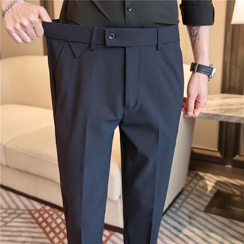 

28-40 Solid Color Business Suit Pants Men Slim Fit Elastic Waistline Casual Office Social Pants Wedding Groom Trousers Spring