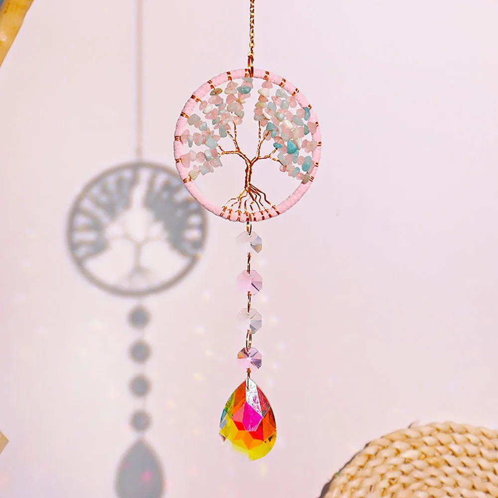 Custom Rose Quartz and Amazonite Crystal Sun Catcher - Tree of Life Pink Hoop Raw Stone Chip Hanging Ornament for Window Decor