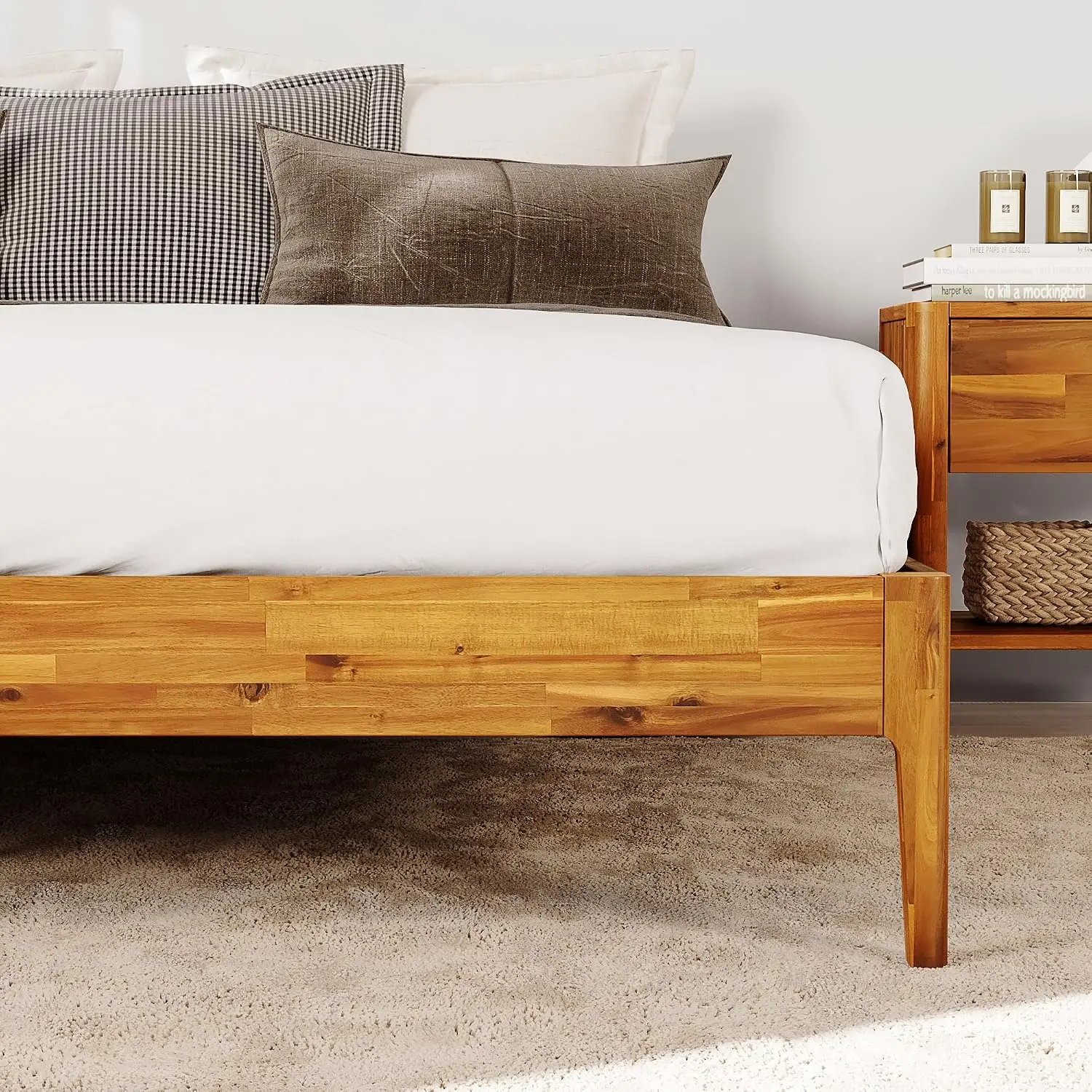 14'' Solid Wood Platform Bed Frame Heavy Duty Acacia Slats No Box Spring Japanese Style Easy Assembly King, Customized