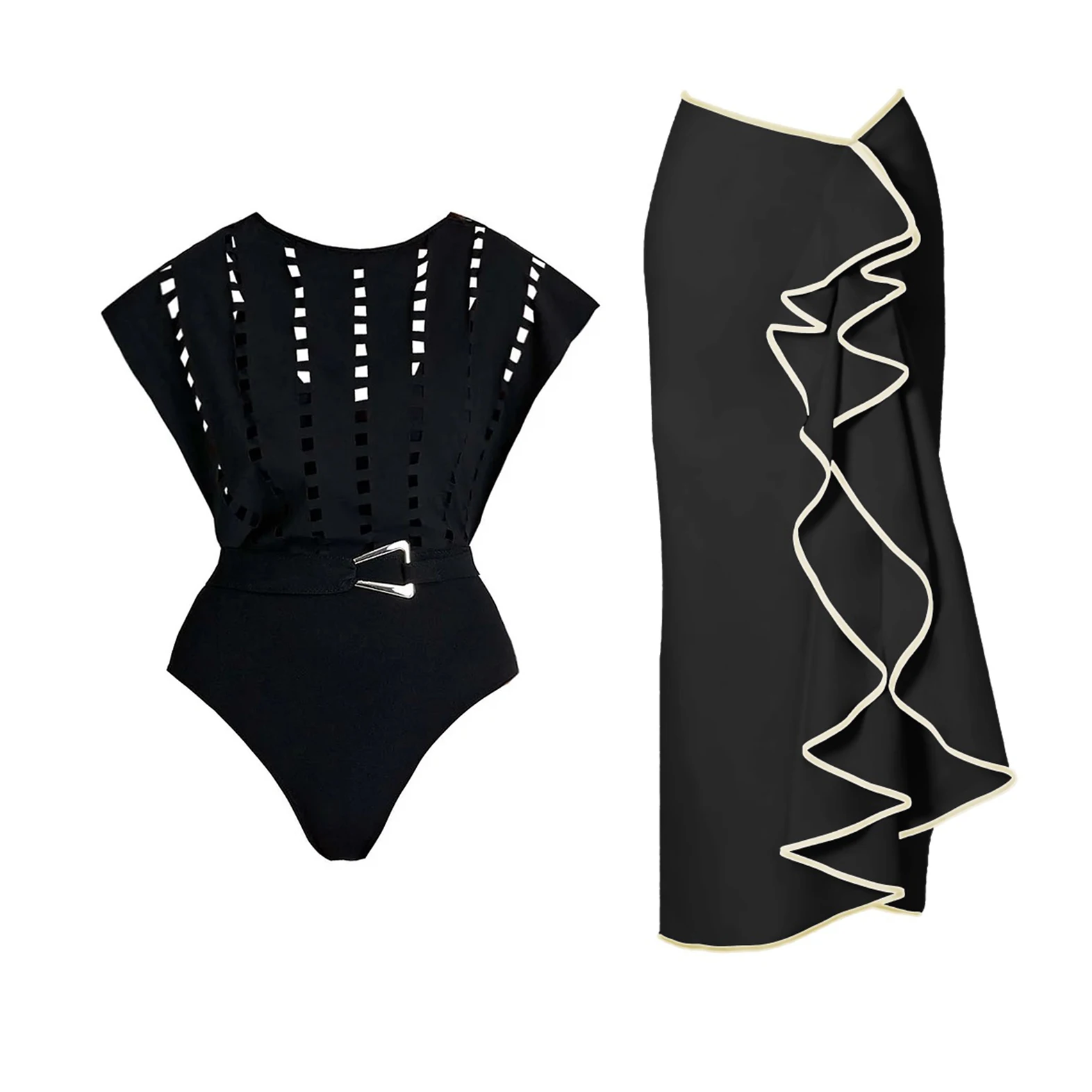 Neue 2Pcs Schwarz Hohl Badeanzug Frauen Sexy Bademode Mit Midi Rock Push-Up Bikini Weibliche Biquini Badeanzug Bodysuit Beachwear
