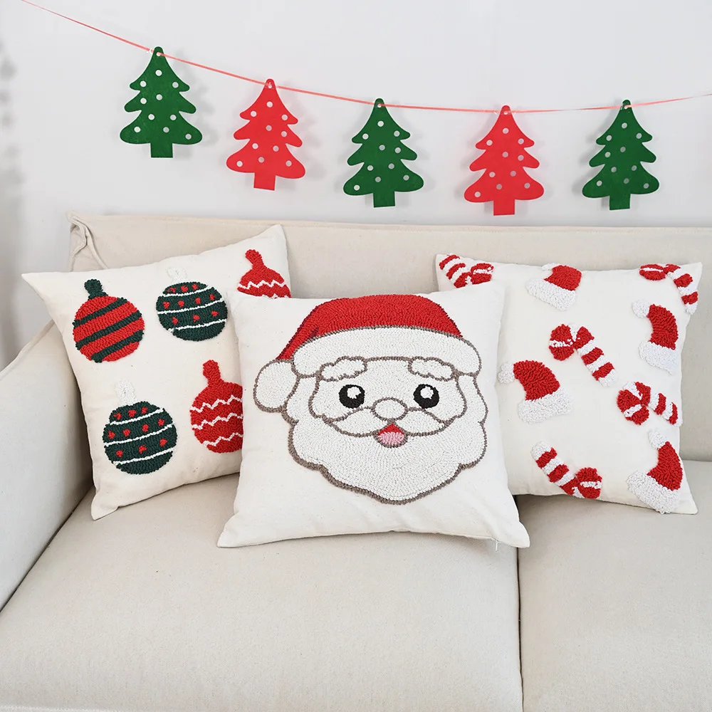 

Luxury Christmas Cushion Cover Embroidered Cartoon Tufted Cotton Canvas Pillow Case for Sofa Festive Home Decor Gift