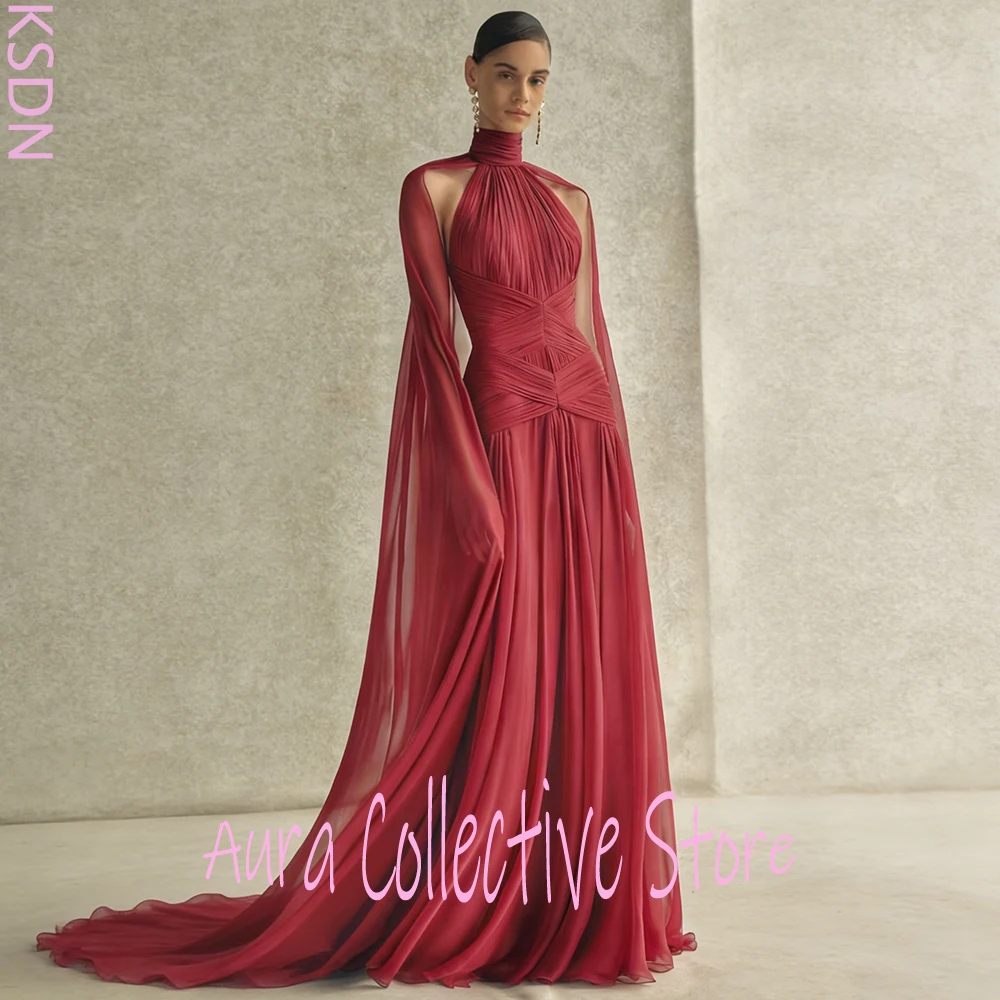 

Women's Burgundy High Neck Maxi Evening Dresses Elegant Chiffon Cape Sleeve Sheer Formal Prom Gown Wedding Bridal Outfit