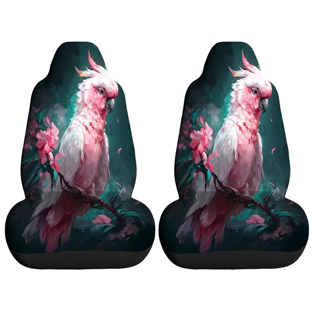 2pcs Pink Parrot Perch Cherry Petal Flying Print Car Seat Covers, Suitable For Sedans, Suvs, Mpvs, Trucks, Durable Polyester Mat