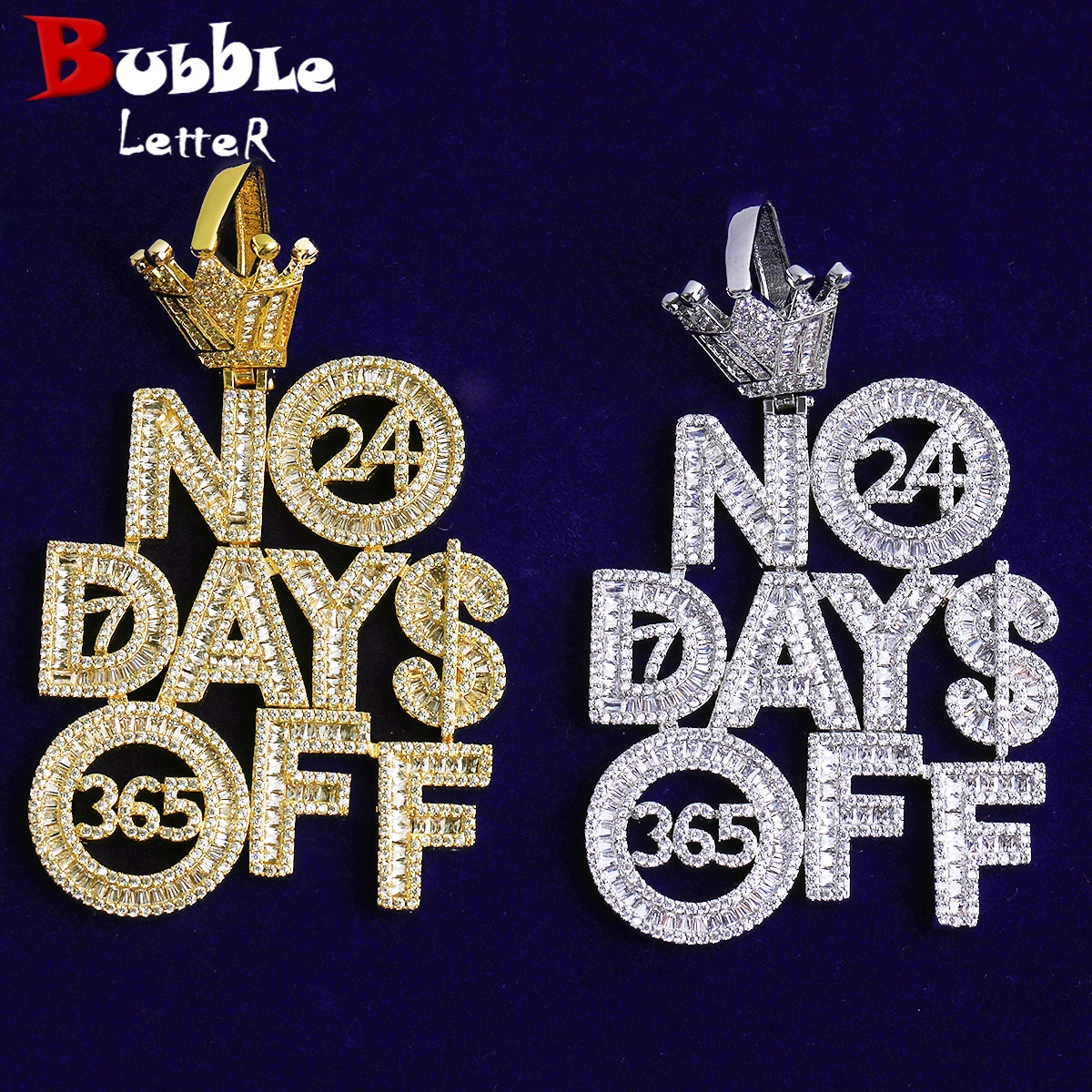 Bubble Letter Iced Out No Days Off Crown Bail Necklace Pendant for Men Prong Setting Real Gold Plated Hip Hop Jewelry