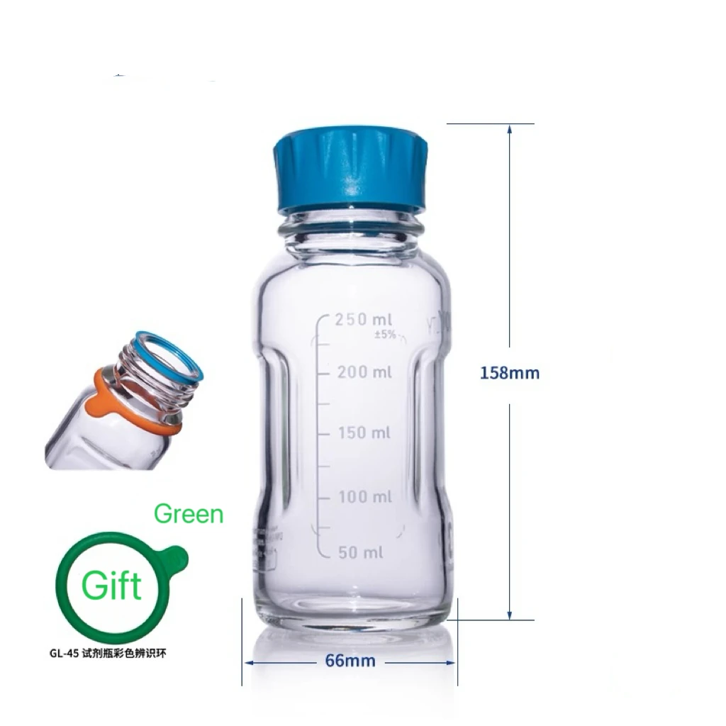 250 مللي ألمانيا شوت يوتي كاشف زجاجة مختبر غطاء أزرق كاشف زجاجة ، حلقة كشف الألوان مع ألوان اختيارية