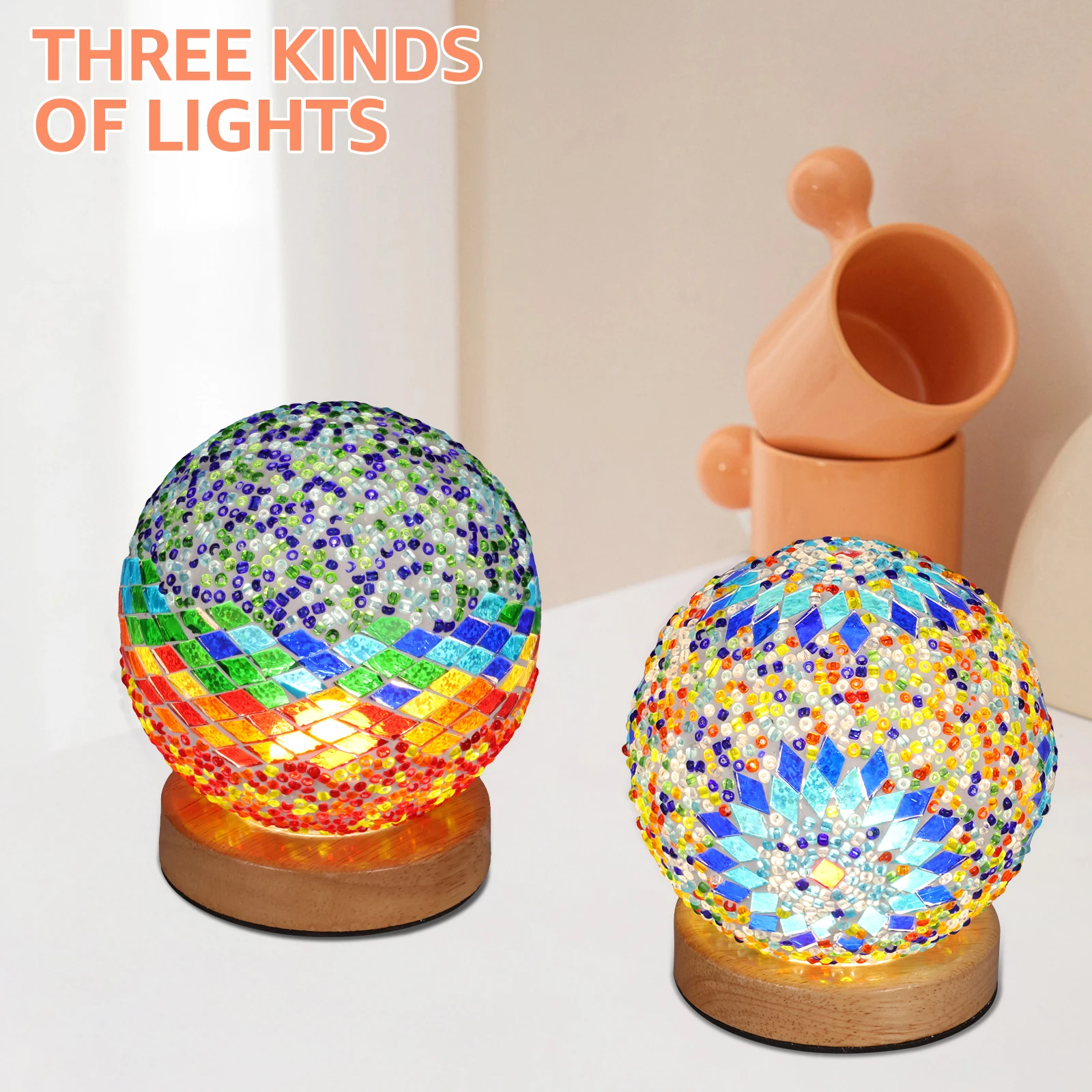 Mosaic Glass Lamps Retro Bohemian Glass Table Lamps 3 Color Dimming Glass Mosaic Ball Lights Adjustable Brightness Night Lights
