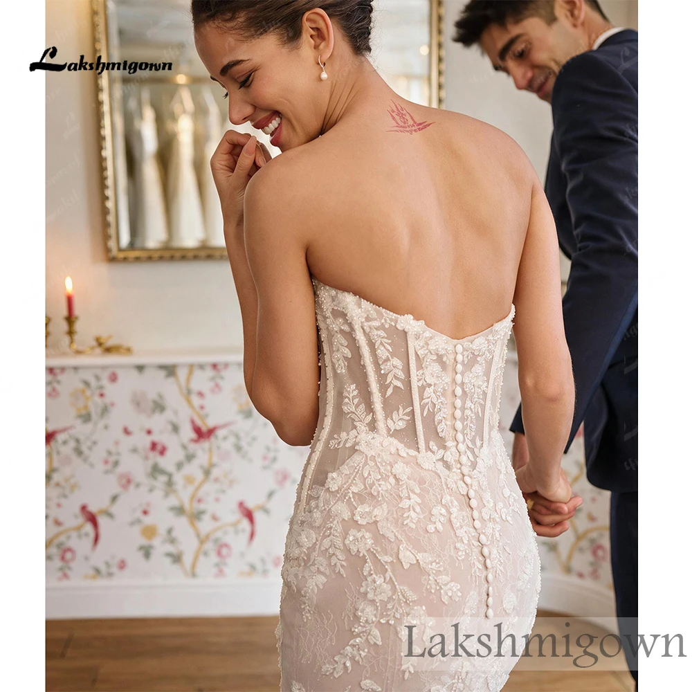 Lakshmigown Meerjungfrauen-Brautkleid mit Herzausschnitt, Illusionseffekt, Perlenstickerei, Spitzenapplikationen, Korsettrücken, Kathedralenschleppe, Maßanfertigung – Detail 7