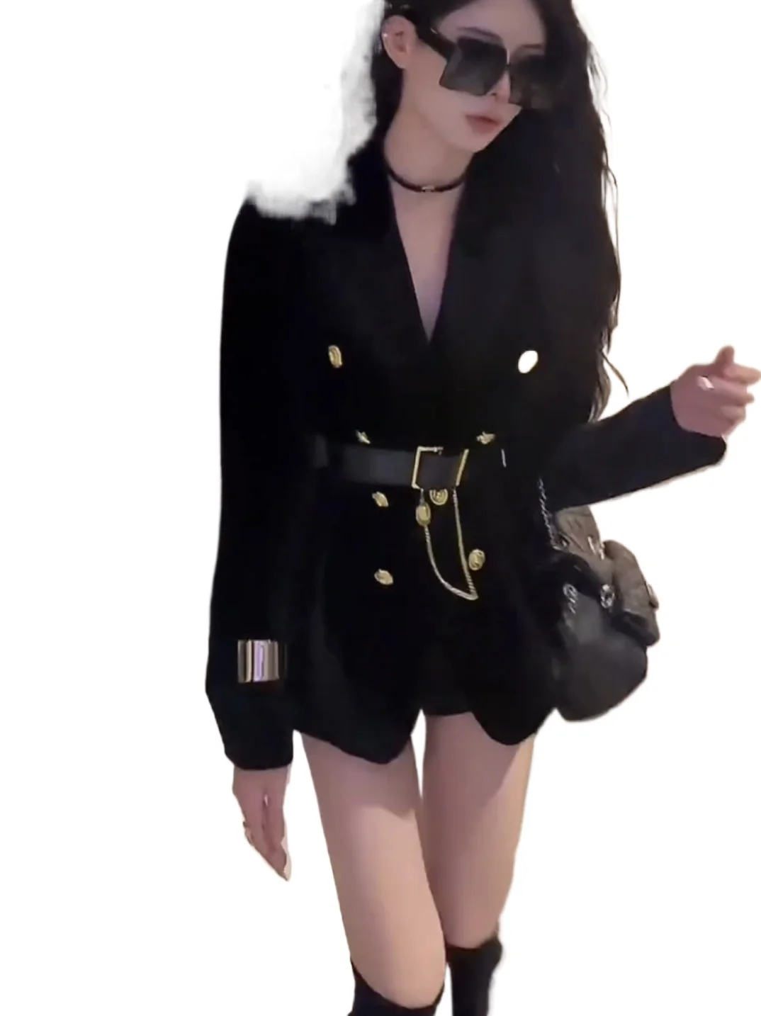 Light Mature Style Elegant Lady Hepburn Style Black Gold Velvet Long Sleeved Suit Dress