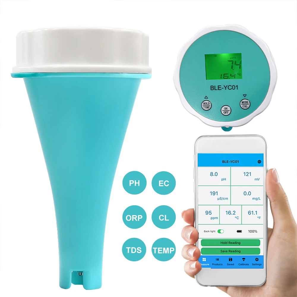 

APP Bluetooth Pool Water Quality Tester 6 in 1 PH EC TDS ORP Residual Chlorine Temperature Floating Detector Battery Powered