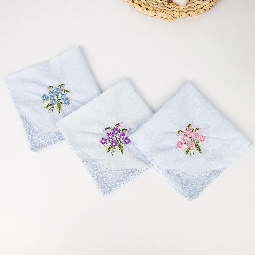 

Luxury Cotton Square Handkerchief Reusable Soft Embroidered Floral Cloth Hankies Fabrics For Women