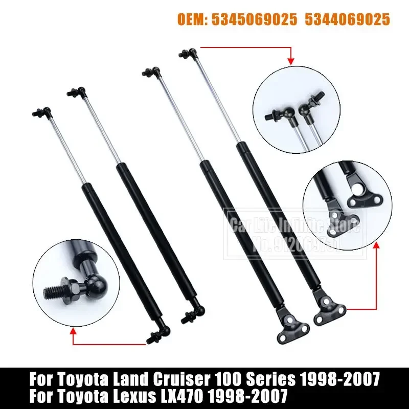 Capô dianteiro e traseira do caminhão bagageira, Suportes de gás, Shock Lift Suporta Barras, Toyota Land Cruiser Série 100, Lexus LX470 98-07