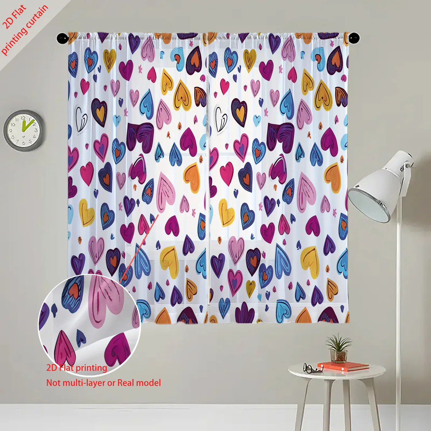 Love pattern 2D flat printing transparent gauze curtain, beautiful home decoration, bedroom, living room, kitchen, balcony