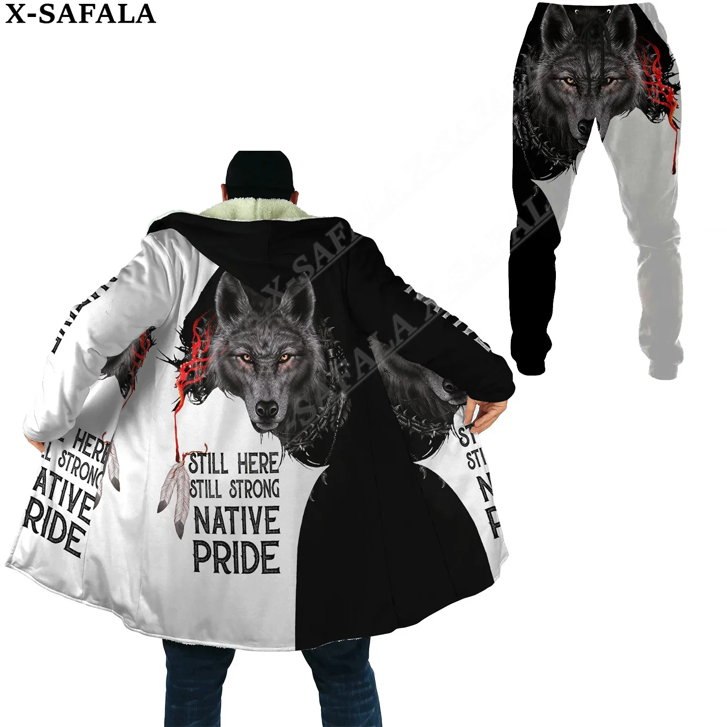 

Pride Native Wolf Tribe Thick Warm Hooded Cloak Sweatpants Combo Set Overcoat Coat Windproof Fleece Unisex Joggers Trousers-5