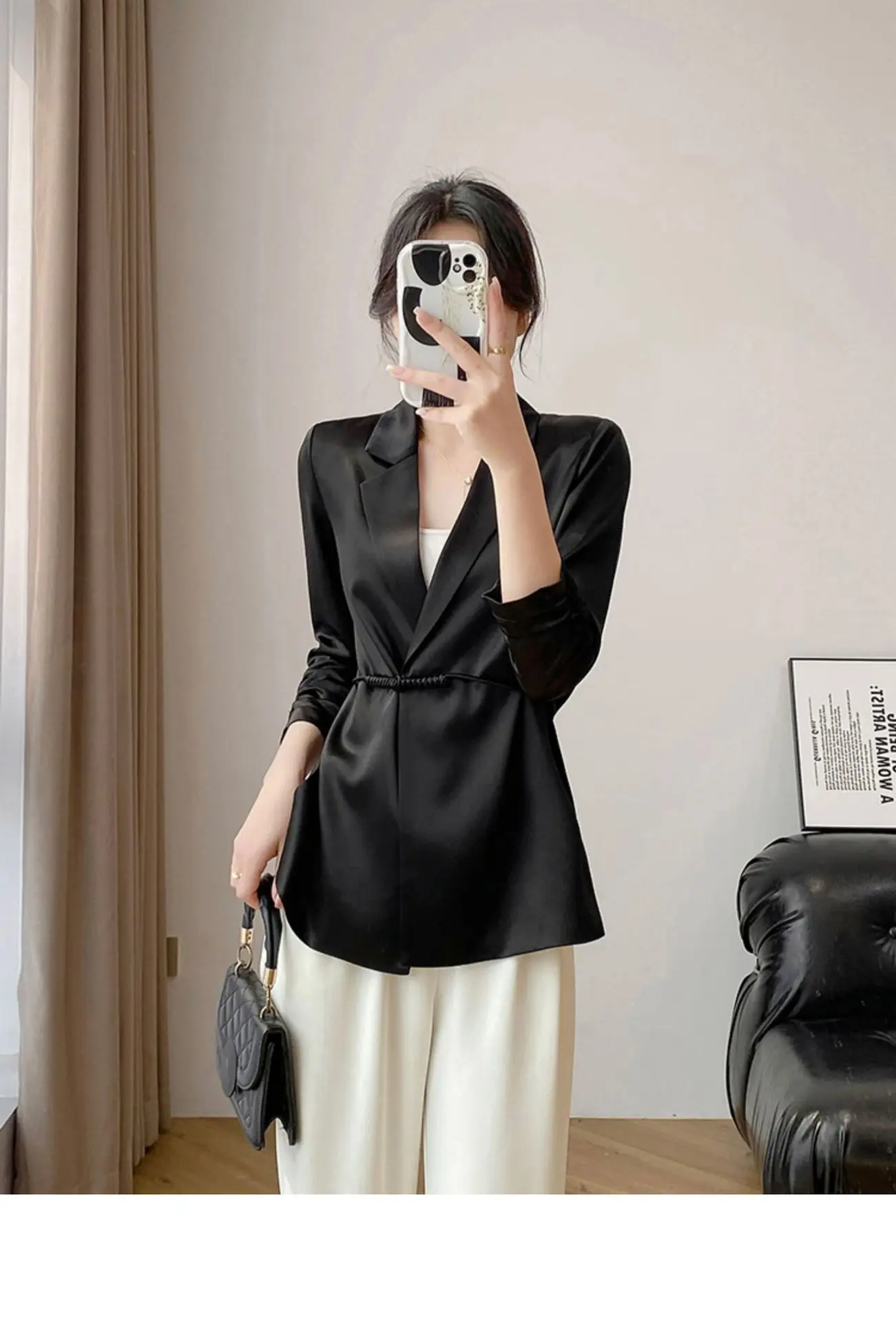 Women's Jacket Spring & Fall New Chinoiserie Commuter Clothing Fashionable and Elegant White Casual Suit Satin Acetate Fabric One-Button Black Three-Quarter Sleeve Suit Jacket