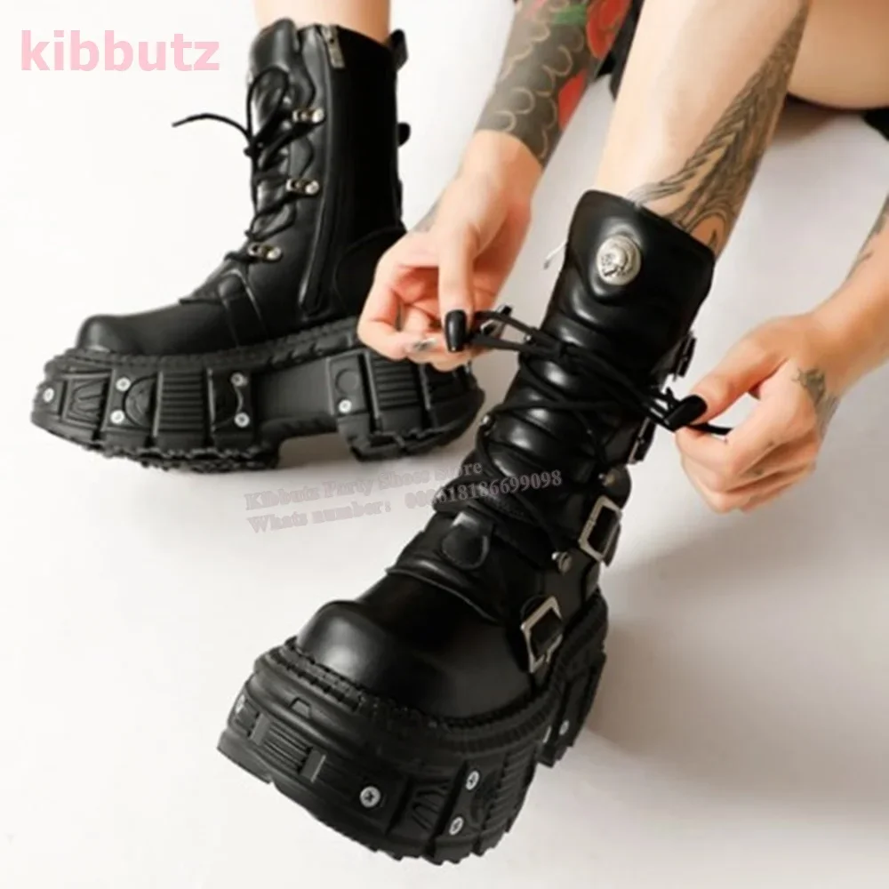 

Mid Calf Boots Dark Rock Punk Metal Thick Bottom Belt Buckle Round Toe Height Increase Lace-up Zipper Fashion Women Shoes Newest