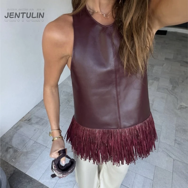 Kunstleder-Top mit Fransen und Patchwork-Design für Damen, lässig, einfarbig, ärmellos, rückenfrei, Y2K, Frühling, Sommer, schicke Damen-Tops