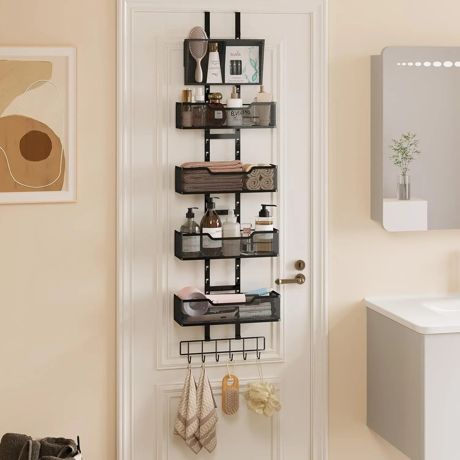 

Adjustable Over The Door Organizer, Closet Door Organizer Heavy Duty Hanging Door Storage with 4 Metal Baskets and PVC Pocket