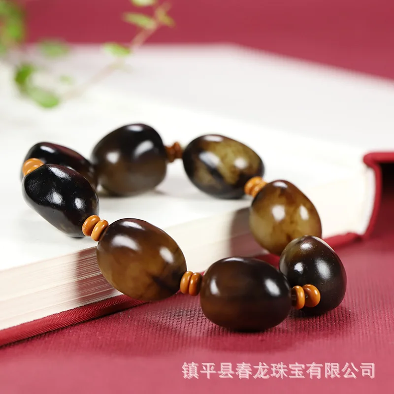 Xinjiang Hetian Rough Stone Pebble Black Leather Beaded Bracelet Artificial Jade Men's and Women's Elegant All-Ma