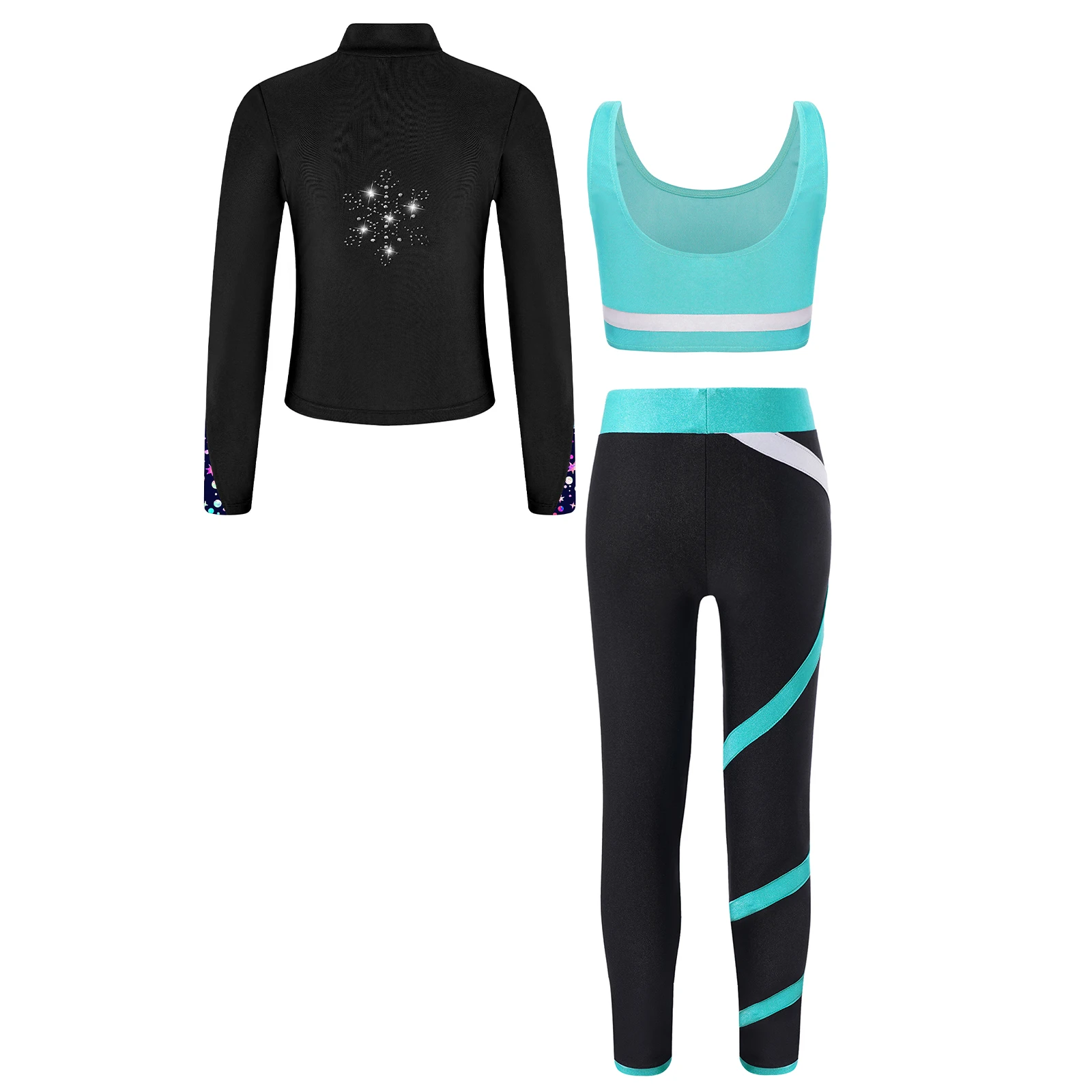 Kids Girls Figure Skating Gymnastics Costume Long Sleeves Athletic Shirt with Vest Tops Leggings Sports Workout Yoga Tracksuits